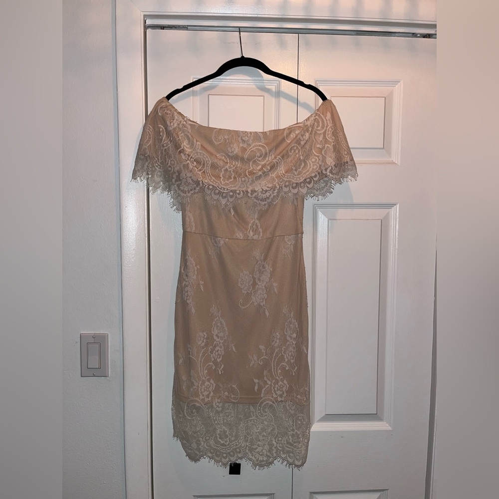 White and Nude Lace Strapless Mini Dress